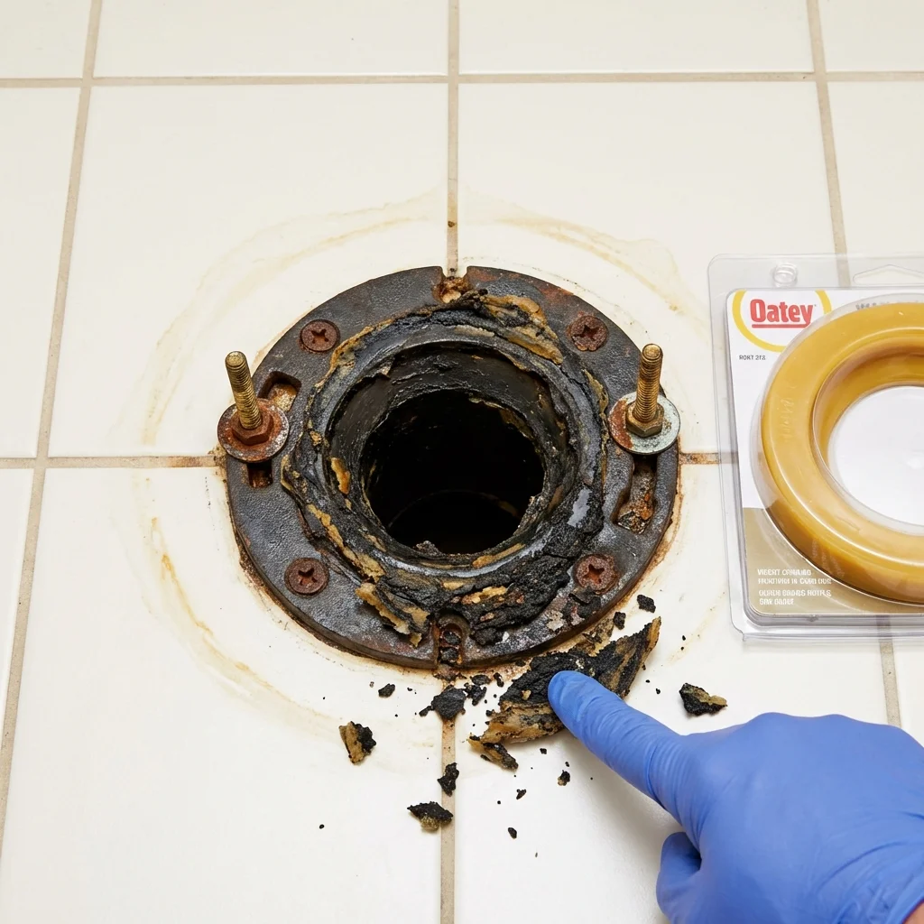 Failed wax ring showing water seepage at the base of a toilet in a Biggs, CA home