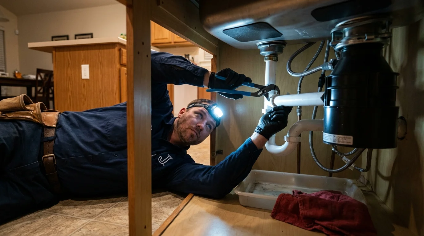 P-trap and supply line connections under a kitchen sink showing a common leak point in Biggs, CA